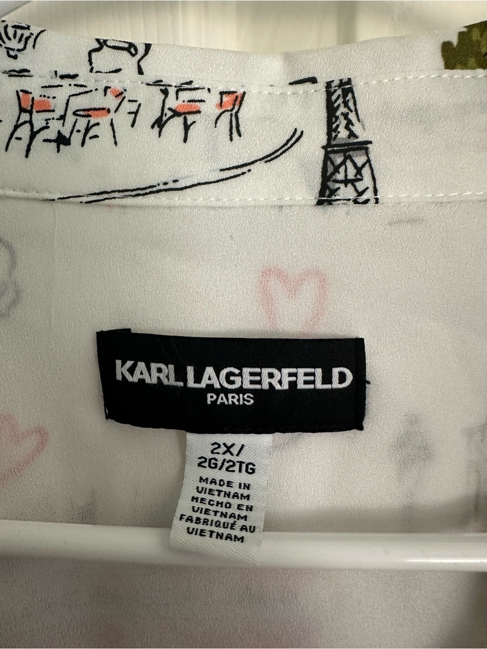 Karl Lagerfeld Paris white button-down shirt all-over whimsical Paris Print 2X - Picture 3 of 7